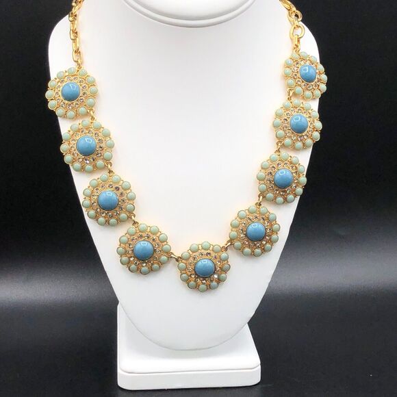 J. CREW Statement Bib Necklace Aqua Mint Green Crystal Cabs Gold Tone Medallions - Picture 2 of 9
